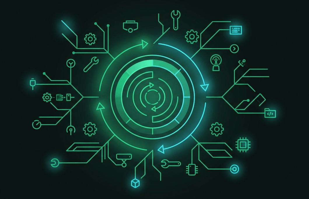 Illustration of an AI agent: a model that sets its own steps, takes an action, observes the result, and loops until the goal is reached.