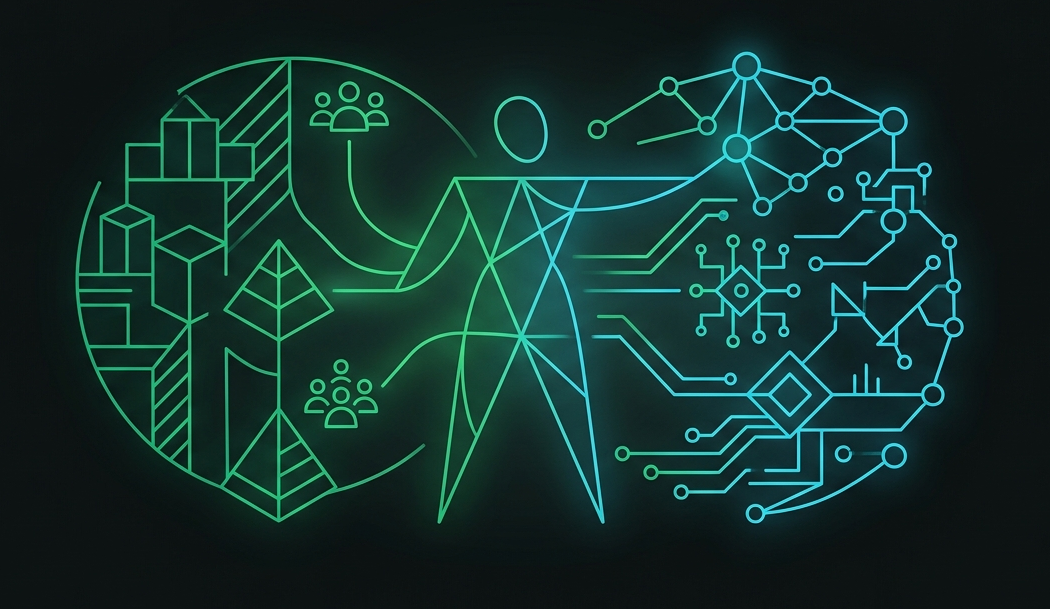 Illustration of the AI Consultant role: advising organizations on where AI genuinely helps and how to adopt it well, translating business problems into a clear plan.
