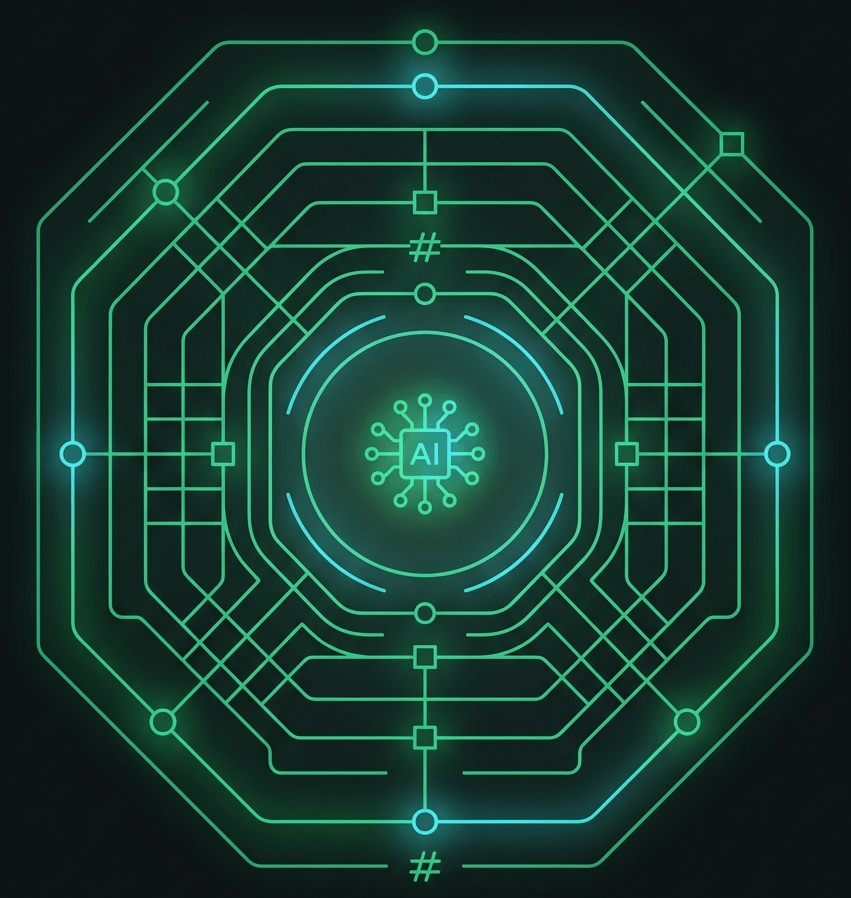 Illustration of AI governance: the policies, processes, and controls an organization uses to keep its AI systems safe, ethical, and lawful across their lifecycle.