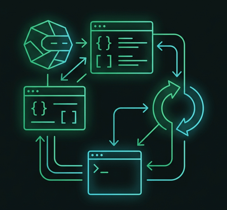 Illustration of Claude Code: an AI coding agent working in a developer's environment, reading a codebase, editing files, and running commands until a task is done.