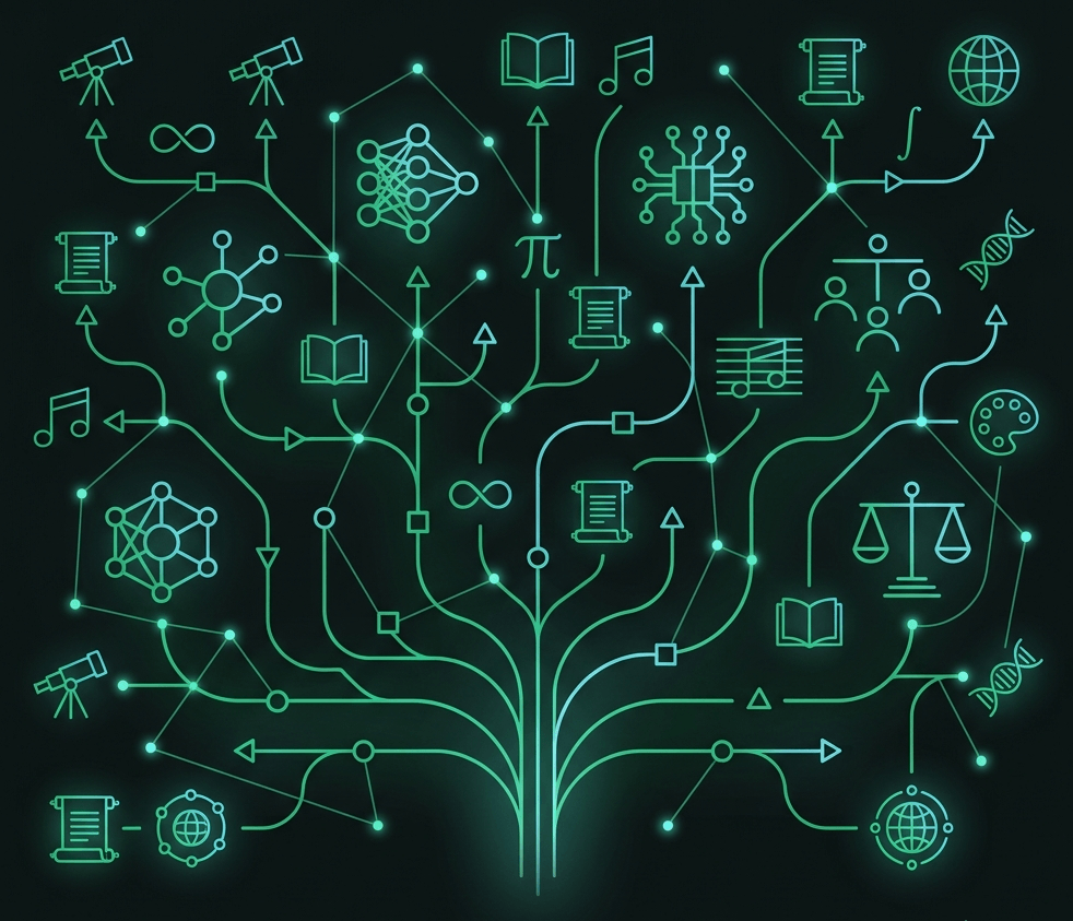 Illustration of a library of core AI concepts, grouped by theme and linked to one another so each idea connects to the ones around it.