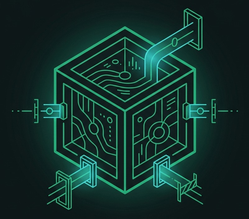 Illustration of data privacy in AI: personal and sensitive information protected as it flows through an AI system, handled lawfully and kept secure.