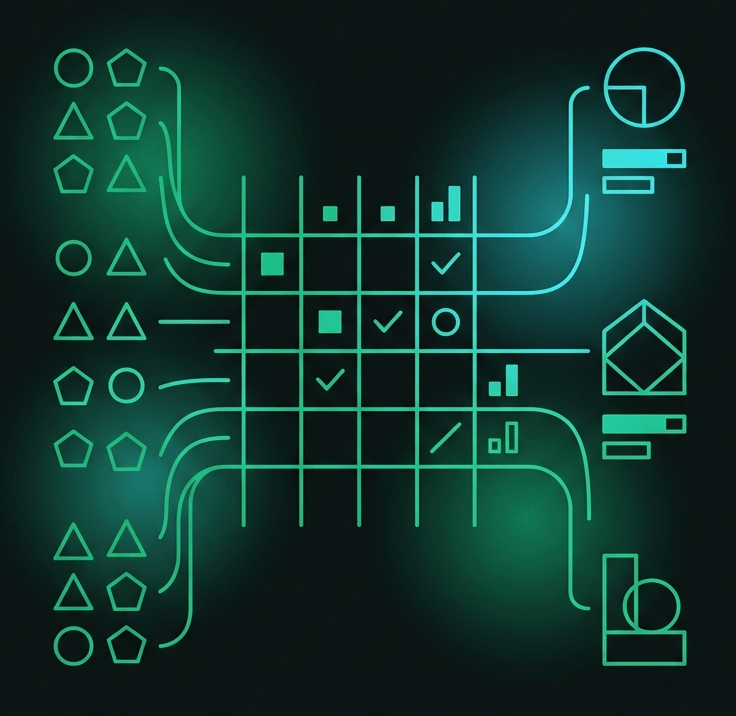 Illustration of evaluation: an AI system's outputs tested against a set of examples and scored, measuring its quality with evidence rather than a hunch.