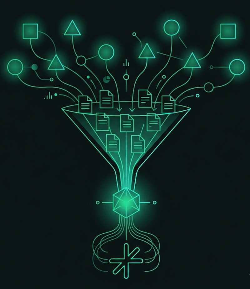 Illustration of retrieval-augmented generation: documents filtered through a funnel into a single answer.