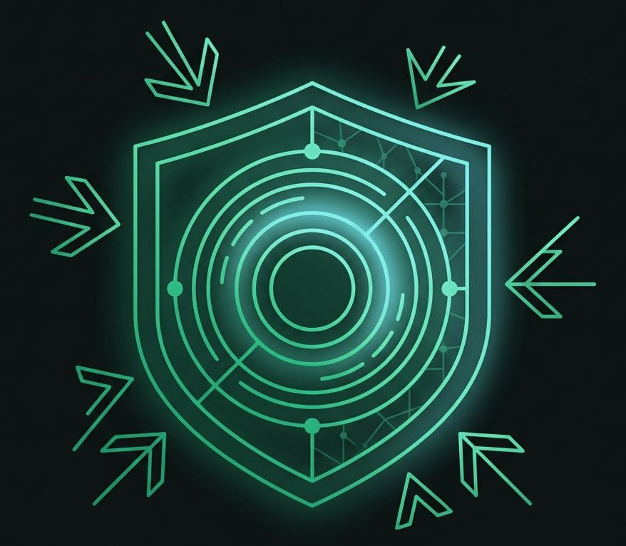Illustration of AI security: an AI system shielded from adversaries who craft malicious inputs to make it behave in ways it should not.